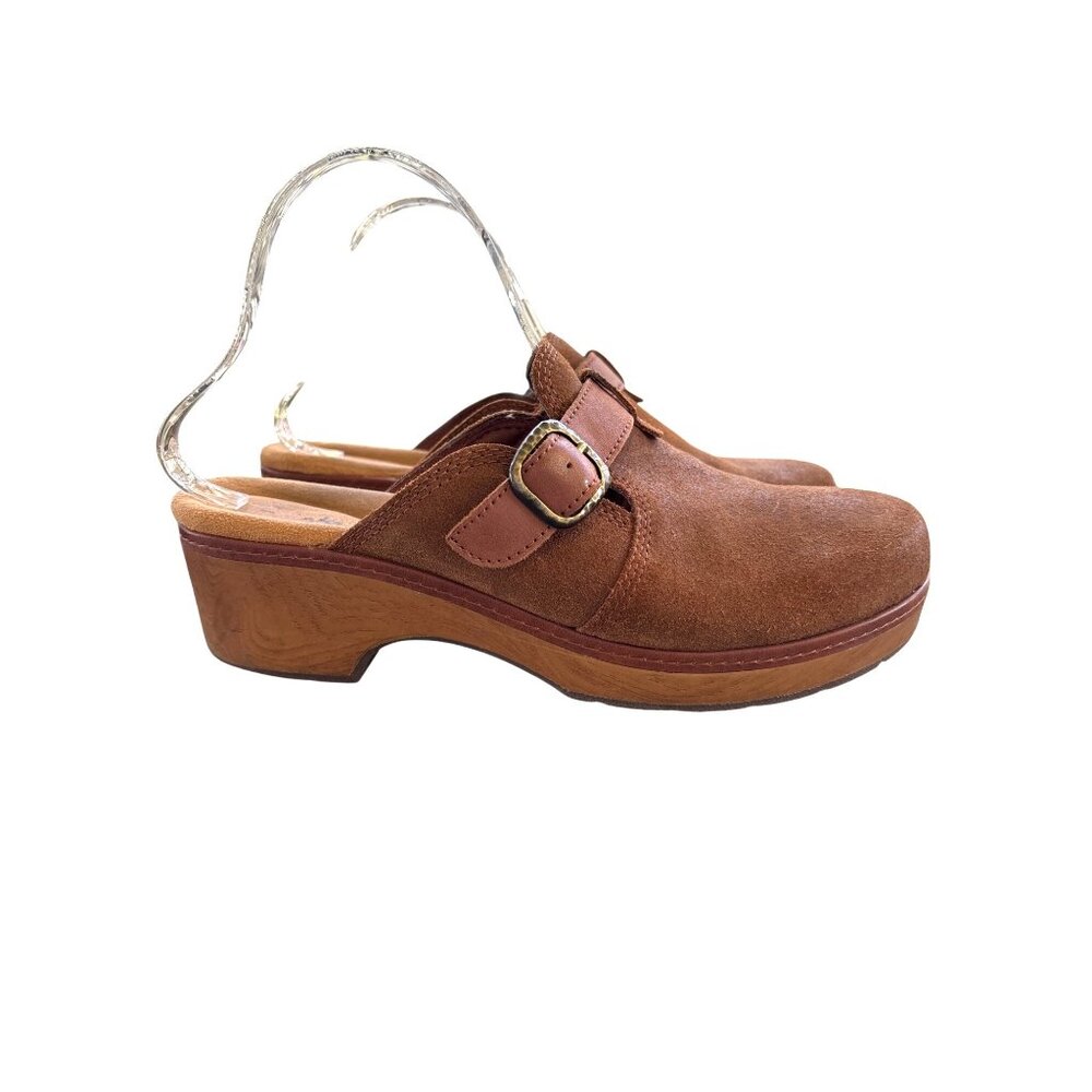 Clarks Collection Paizlee Nora Mules Clogs Size 10 Tan Wood Shoes Boho Suede - Picture 2 of 11